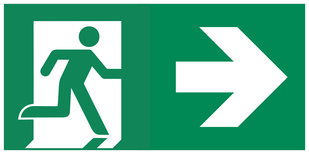A green exit sign, with a stylized image of a person running out a door on the left, and a right-facing arrow on the right