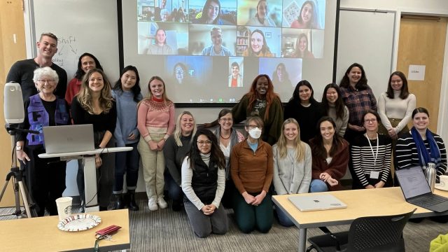 Participants from the workshop. Left - Right, first row: Jane Menken, Christina Misunas, Julie Skeldon, Amanda Stevenson, Zoe Bergman, Abby Humphreys, Sara Yeatman, Lindsay Cannon Left - Right, second row: Austin Fitzgerald, Katie Massey Combs, Hoeyun Kwon, Paige Schoonover, Raeven Chandler, Leslie Root, Asha Hassan, Selena Anjur-Dietrich, Leah Koenig, Anna Crawford, Brooke Whitfield On screen: Zoom participants