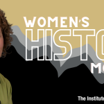 Image of Anni Magyare wearing a lime green button down. A graphic of the flatirons and Women's History Month are in the background.
