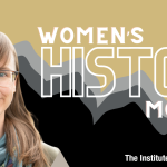 Leslie Root smiles with Women's History Month graphic in the background.
