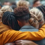 A group of students embrace in a crowd. One wears a yellow jacket.
