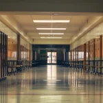 A large hallway in a high school with two doors at the very end. Lockers line the hall, and industrial lights shine over the hall.
