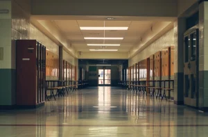 A large hallway in a high school with two doors at the very end. Lockers line the hall, and industrial lights shine over the hall.