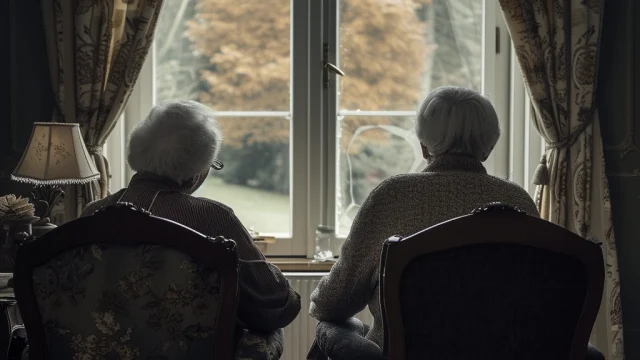 Two elderly women look out on a large picture window with curtains. The window has a view of a tree outside with yellow fall leaves.