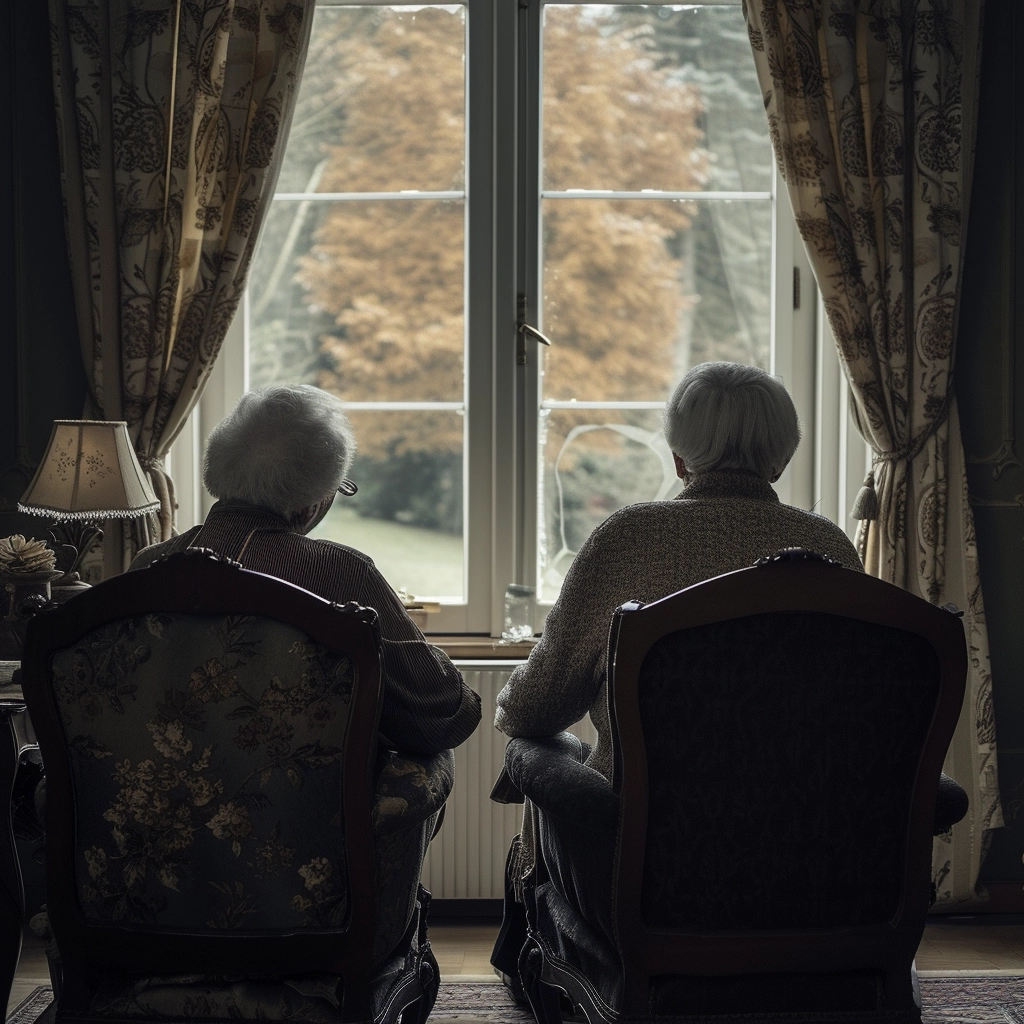 Two elderly women look out on a large picture window with curtains. The window has a view of a tree outside with yellow fall leaves.