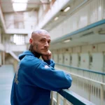 A prisoner in a blue tracksuit leans against a railing in a jail cell hallway.
