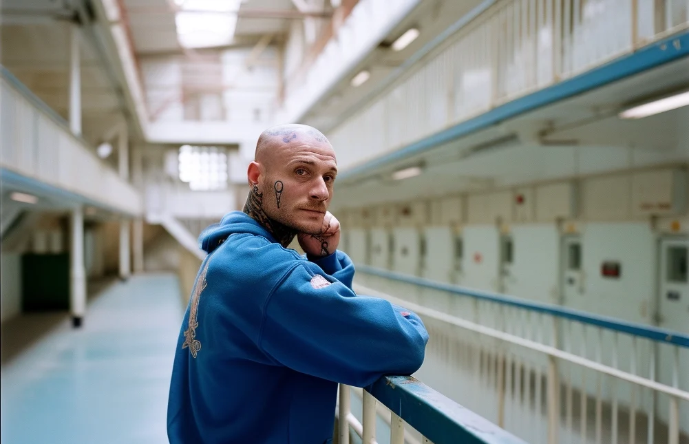 A prisoner in a blue tracksuit leans against a railing in a jail cell hallway.