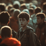 A boy looks lost in a crowd. His face is turned to us while the crowd is turned away.