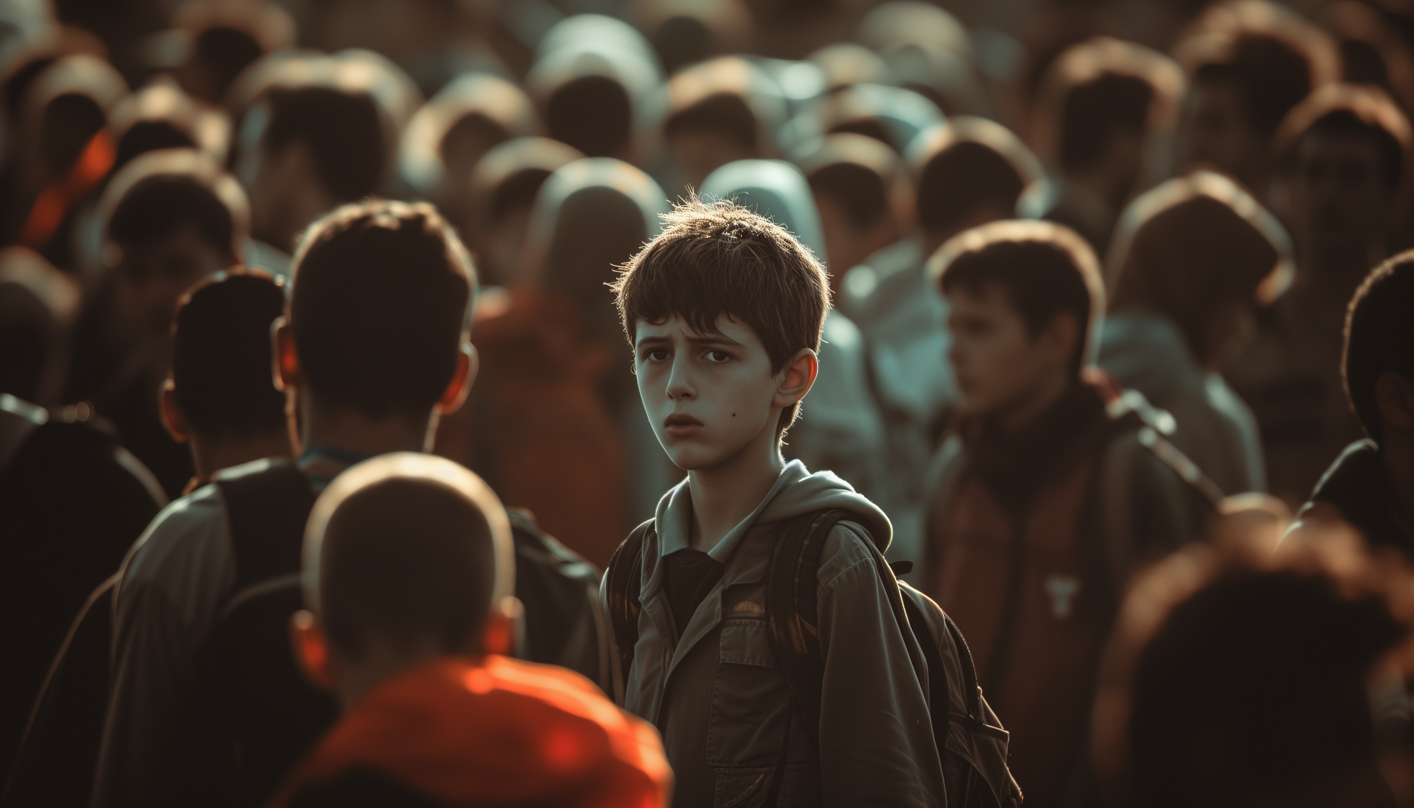 A boy looks lost in a crowd. His face is turned to us while the crowd is turned away.