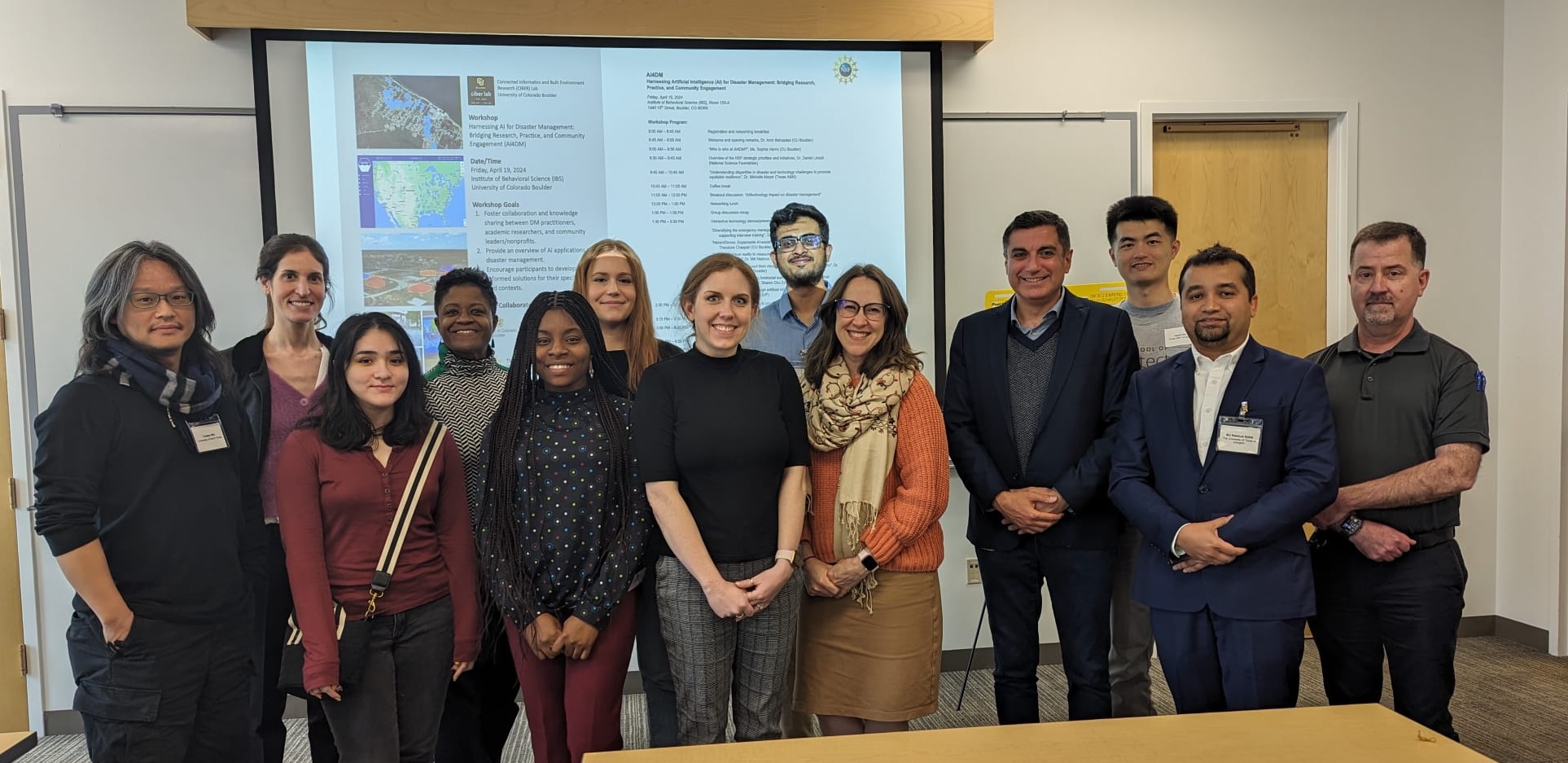 Participants of the Harnessing Artificial Intelligence (AI) for Disaster Management: Bridging Research, Practice, and Community Engagement workshop held on the CU Boulder campus.