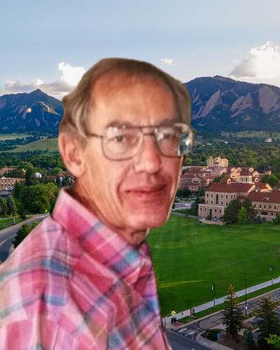 The late David Huizinga in a pink checkered shirt and glasses. Behind, an aerial view of CU Boulder campus.