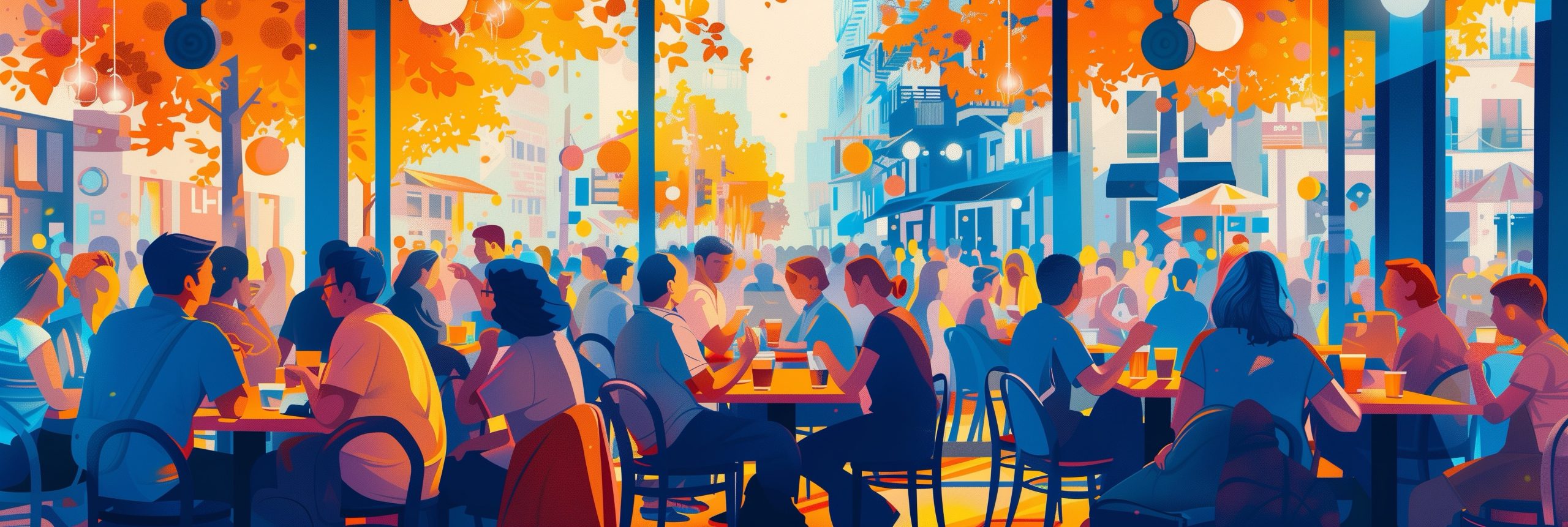 Graphic image showing a variety of people sitting in an outdoor dining area. There are trees and buildings in the background, suggesting the cafe is in a town or city.