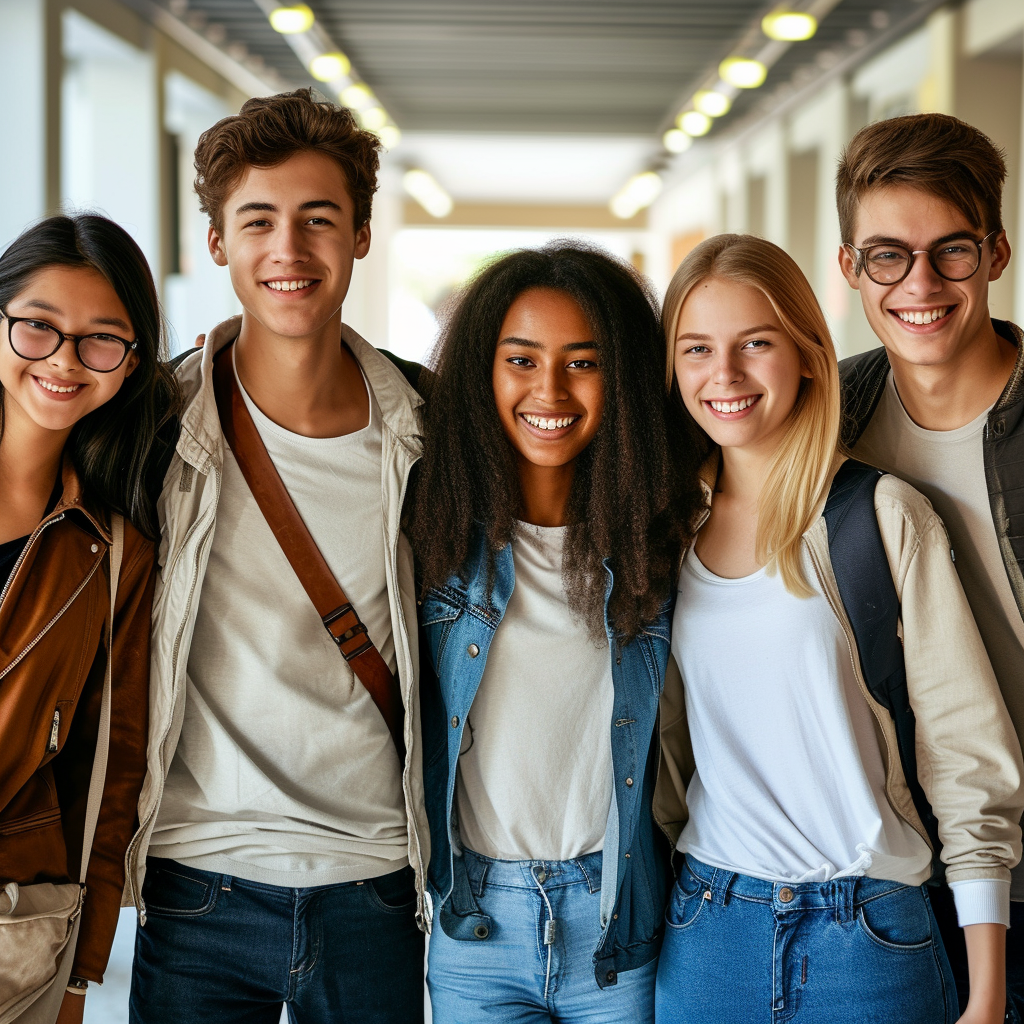 High school students smile together in their school hallway.