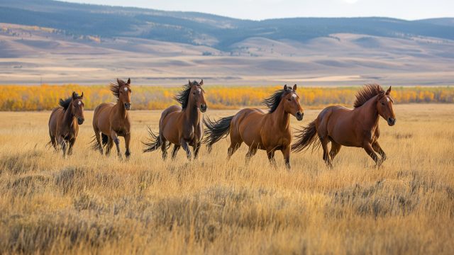 Five brown horses gallop across a field of yellow grass, a hill in the background. Trees with fall leaves dot the hillside.