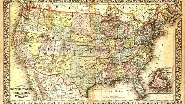 Old, tan map of the United States that shows all 50 states.