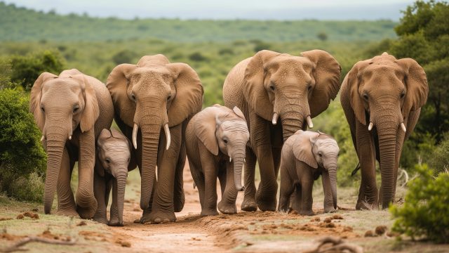 A herd of elephants walk down a dirt road, three babies and four adult elephants.