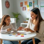 A girl and her mother play with colored cards at a round table.