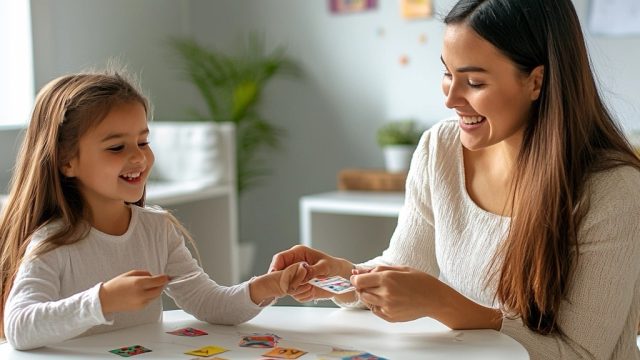 A girl and her mother play with colored cards at a round table.