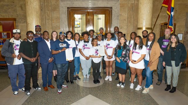 The Denver Game Changers, apart of the Youth Advisory Council for the Youth Violence Prevention Center-Denver, seen here at the Denver capitol at the proclamation of their new app.