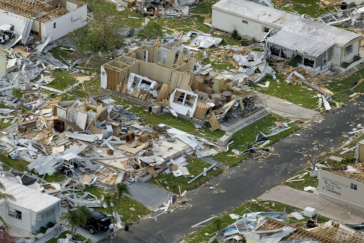 The aftermath of a hurricane: a mobile home park is in ruins.