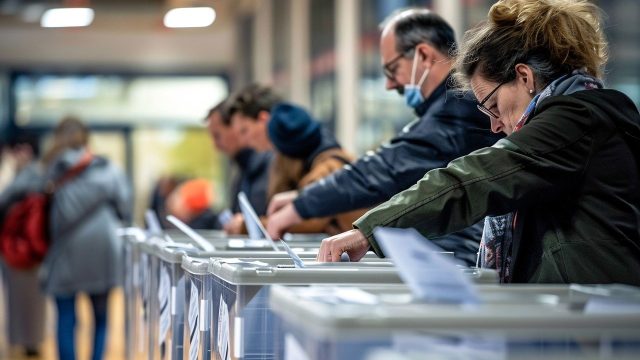 A line of people place their ballots to vote.