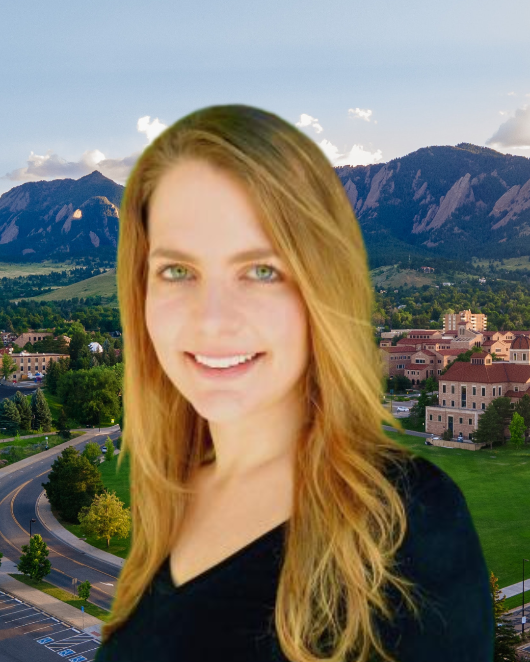 Alexandra Siegel wears a black shirt. Behind her, a view of the Boulder Flatirons.